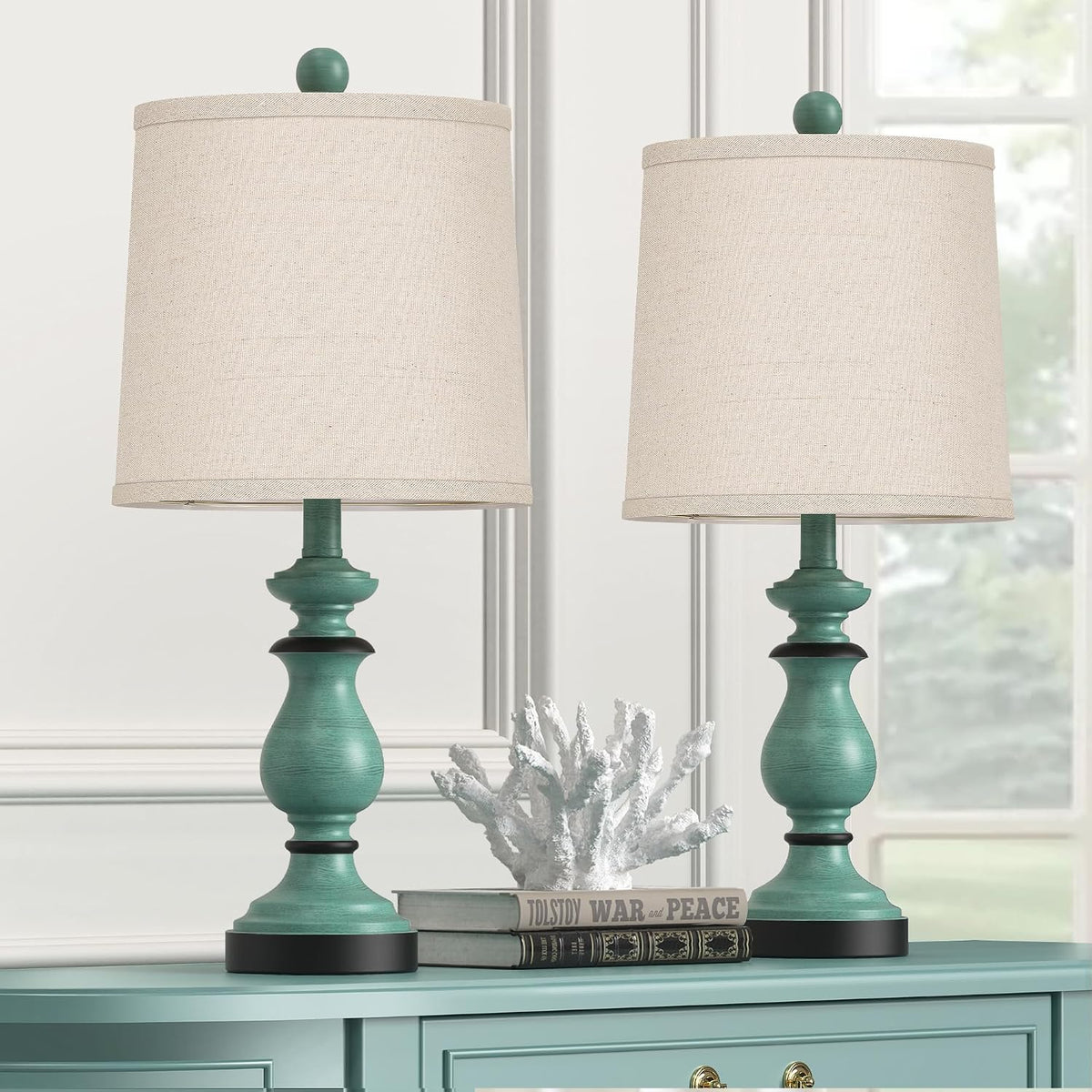Traditional Table Lamp Set of 2, Rustic Farmhouse Table Lamps for Living Room Bedroom, 22" Bedside Desk Lamps Vintage Nightstand Lamps with Linen Shades, Wood Grain