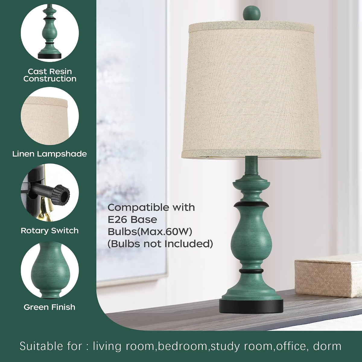 Traditional Table Lamp Set of 2, Rustic Farmhouse Table Lamps for Living Room Bedroom, 22" Bedside Desk Lamps Vintage Nightstand Lamps with Linen Shades, Wood Grain