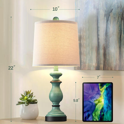 Traditional Table Lamp Set of 2, Rustic Farmhouse Table Lamps for Living Room Bedroom, 22" Bedside Desk Lamps Vintage Nightstand Lamps with Linen Shades, Wood Grain