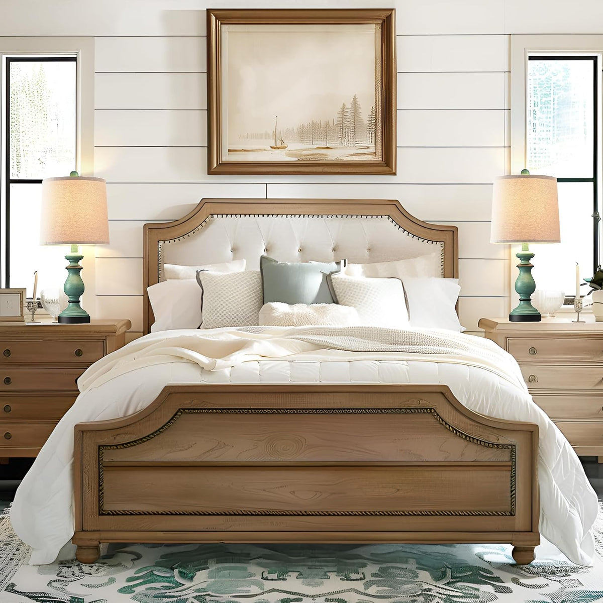Traditional Table Lamp Set of 2, Rustic Farmhouse Table Lamps for Living Room Bedroom, 22" Bedside Desk Lamps Vintage Nightstand Lamps with Linen Shades, Wood Grain