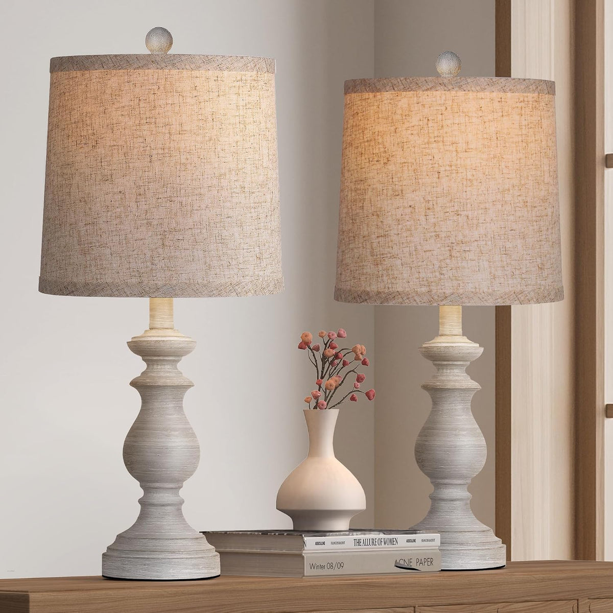 Traditional Table Lamp Set of 2, Rustic Farmhouse Table Lamps for Living Room Bedroom, 22" Bedside Desk Lamps Vintage Nightstand Lamps with Linen Shades, Wood Grain