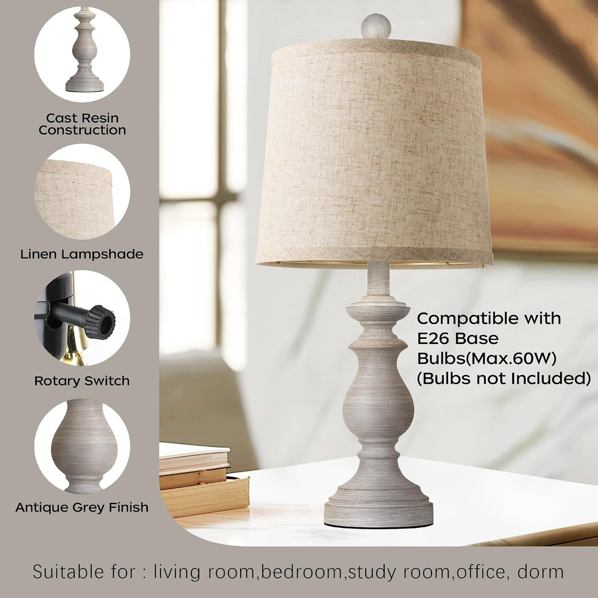 Traditional Table Lamp Set of 2, Rustic Farmhouse Table Lamps for Living Room Bedroom, 22" Bedside Desk Lamps Vintage Nightstand Lamps with Linen Shades, Wood Grain