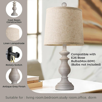 Traditional Table Lamp Set of 2, Rustic Farmhouse Table Lamps for Living Room Bedroom, 22" Bedside Desk Lamps Vintage Nightstand Lamps with Linen Shades, Wood Grain
