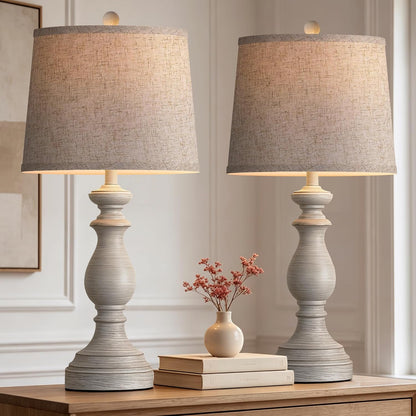 Traditional Table Lamp Set of 2, Rustic Farmhouse Table Lamps for Living Room Bedroom, 22" Bedside Desk Lamps Vintage Nightstand Lamps with Linen Shades, Wood Grain