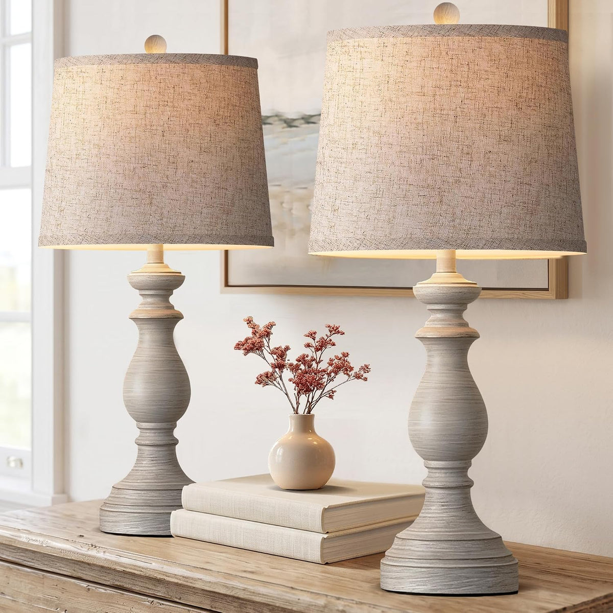 Traditional Table Lamp Set of 2, Rustic Farmhouse Table Lamps for Living Room Bedroom, 22" Bedside Desk Lamps Vintage Nightstand Lamps with Linen Shades, Wood Grain