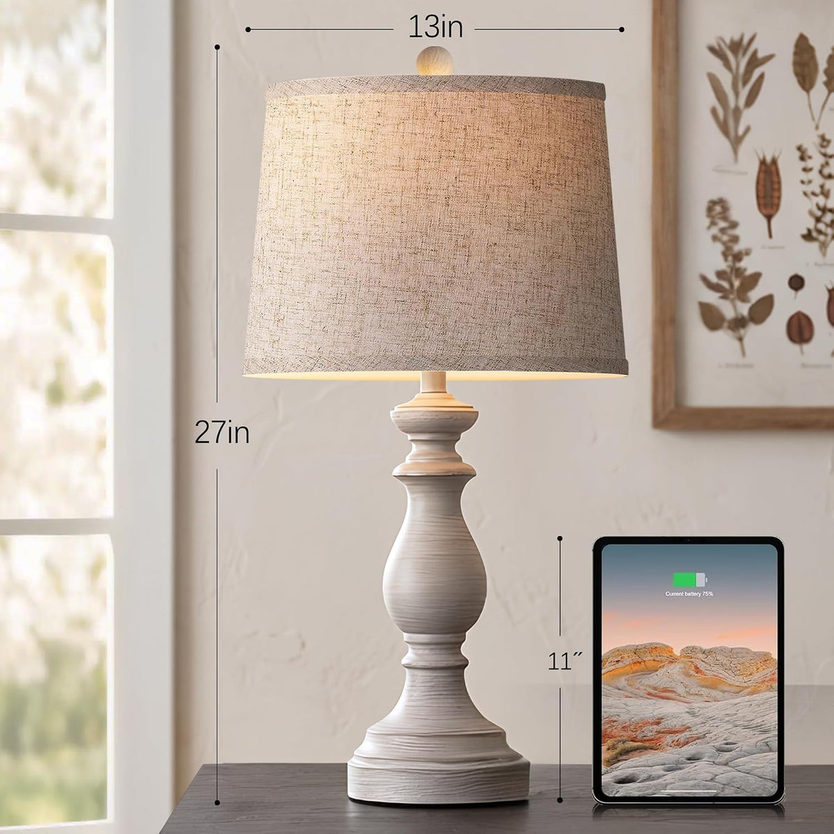 Traditional Table Lamp Set of 2, Rustic Farmhouse Table Lamps for Living Room Bedroom, 22" Bedside Desk Lamps Vintage Nightstand Lamps with Linen Shades, Wood Grain