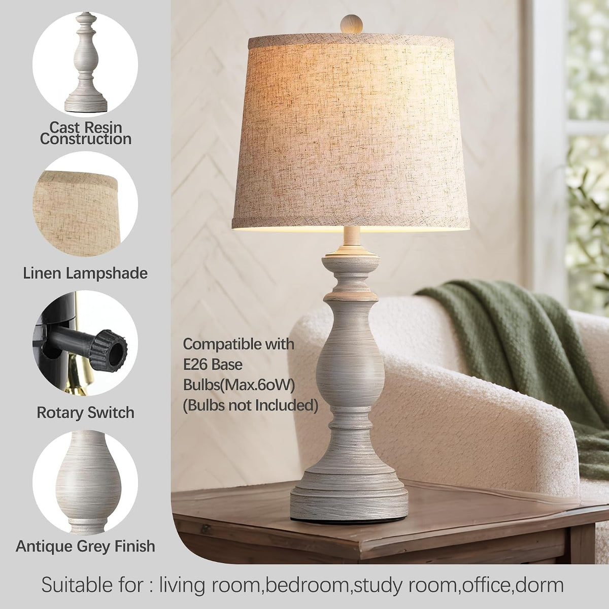 Traditional Table Lamp Set of 2, Rustic Farmhouse Table Lamps for Living Room Bedroom, 22" Bedside Desk Lamps Vintage Nightstand Lamps with Linen Shades, Wood Grain