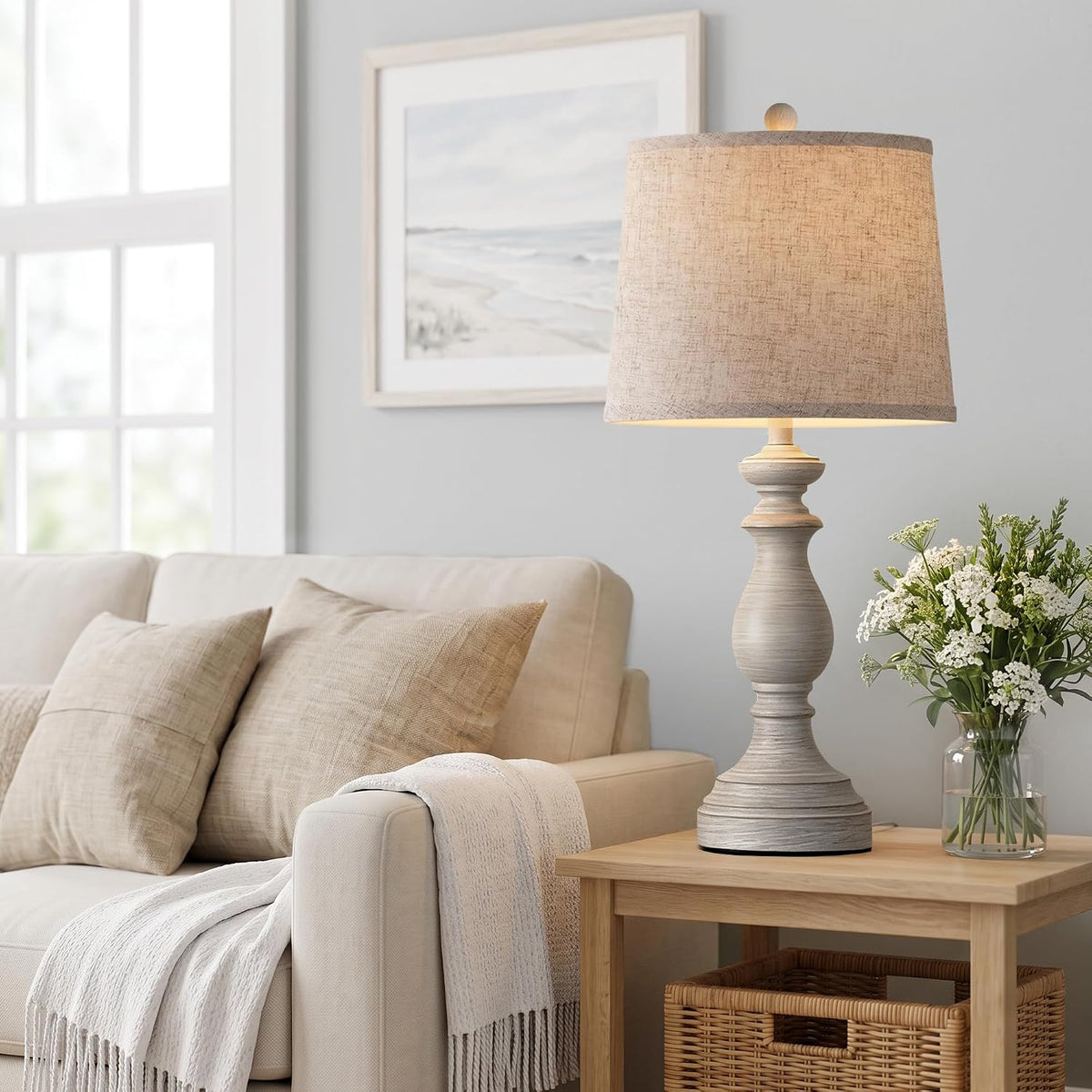Traditional Table Lamp Set of 2, Rustic Farmhouse Table Lamps for Living Room Bedroom, 22" Bedside Desk Lamps Vintage Nightstand Lamps with Linen Shades, Wood Grain