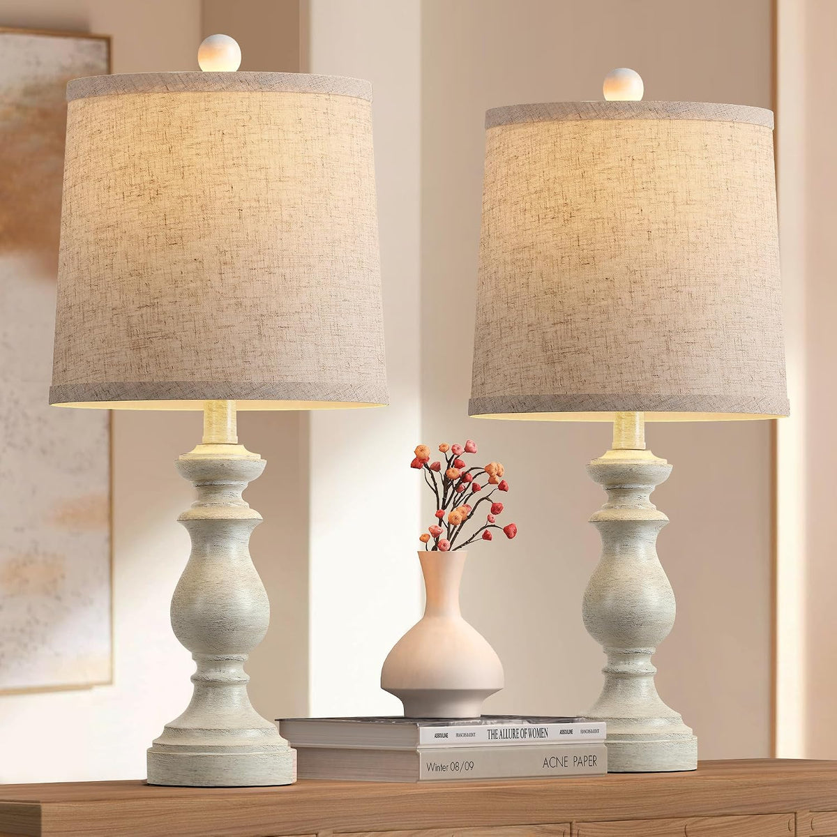Traditional Table Lamp Set of 2, Rustic Farmhouse Table Lamps for Living Room Bedroom, 22" Bedside Desk Lamps Vintage Nightstand Lamps with Linen Shades, Wood Grain
