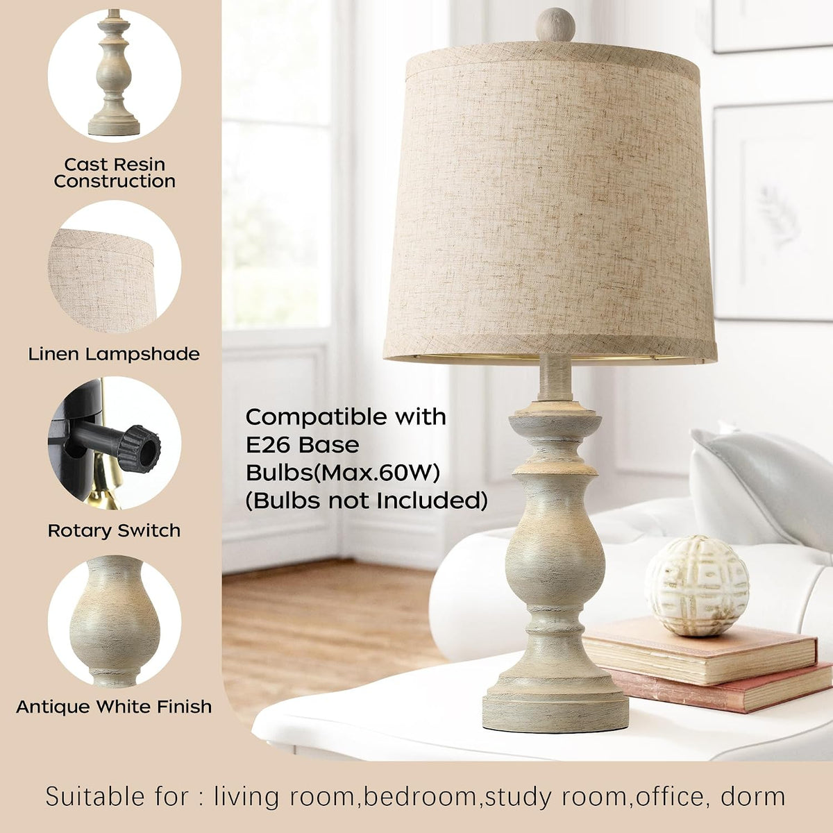Traditional Table Lamp Set of 2, Rustic Farmhouse Table Lamps for Living Room Bedroom, 22" Bedside Desk Lamps Vintage Nightstand Lamps with Linen Shades, Wood Grain