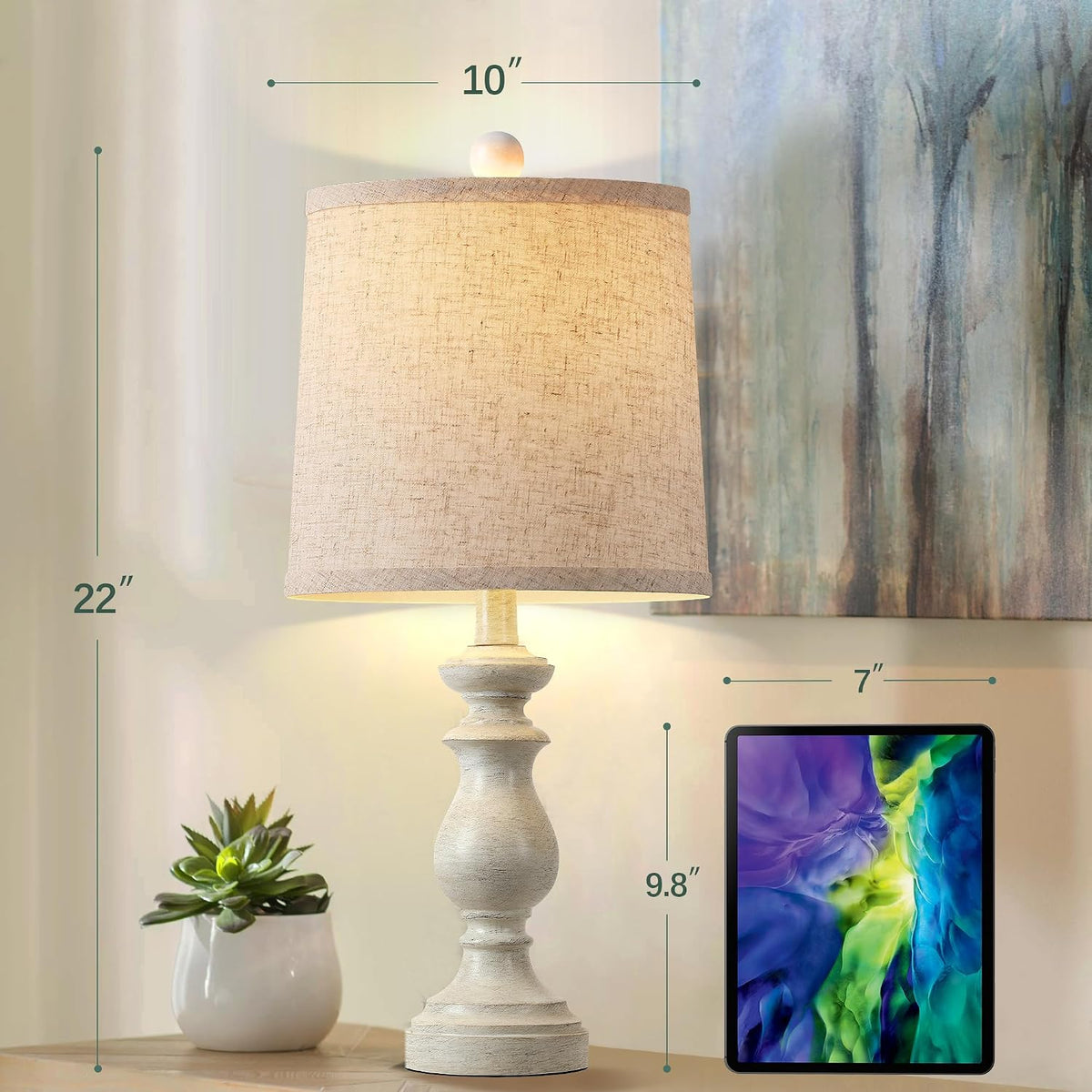 Traditional Table Lamp Set of 2, Rustic Farmhouse Table Lamps for Living Room Bedroom, 22" Bedside Desk Lamps Vintage Nightstand Lamps with Linen Shades, Wood Grain