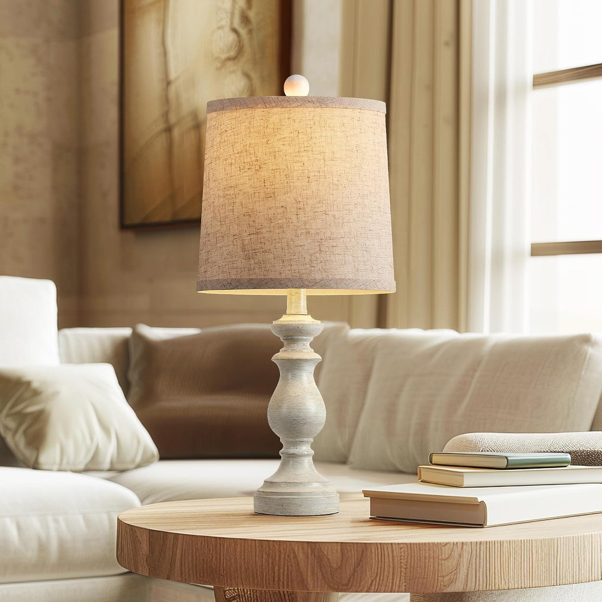Traditional Table Lamp Set of 2, Rustic Farmhouse Table Lamps for Living Room Bedroom, 22" Bedside Desk Lamps Vintage Nightstand Lamps with Linen Shades, Wood Grain