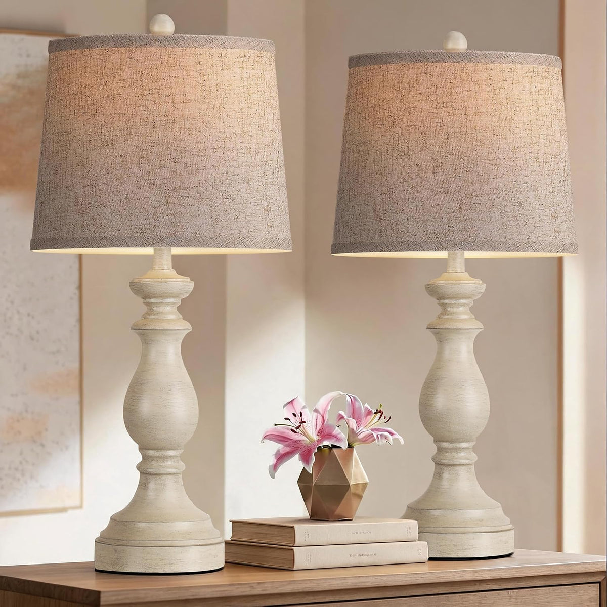 Traditional Table Lamp Set of 2, Rustic Farmhouse Table Lamps for Living Room Bedroom, 22" Bedside Desk Lamps Vintage Nightstand Lamps with Linen Shades, Wood Grain