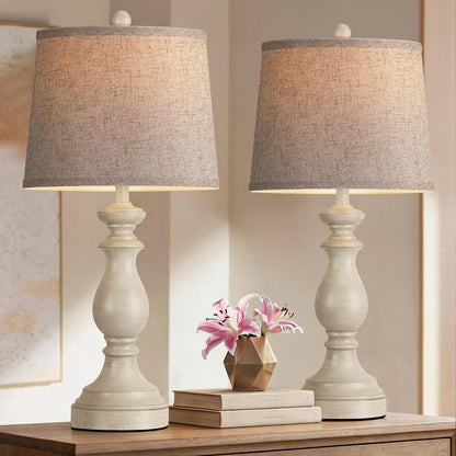 Traditional Table Lamp Set of 2, Rustic Farmhouse Table Lamps for Living Room Bedroom, 22" Bedside Desk Lamps Vintage Nightstand Lamps with Linen Shades, Wood Grain