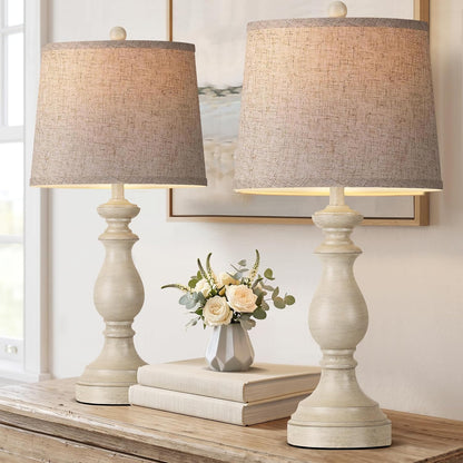 Traditional Table Lamp Set of 2, Rustic Farmhouse Table Lamps for Living Room Bedroom, 22" Bedside Desk Lamps Vintage Nightstand Lamps with Linen Shades, Wood Grain