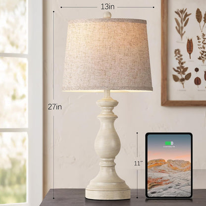 Traditional Table Lamp Set of 2, Rustic Farmhouse Table Lamps for Living Room Bedroom, 22" Bedside Desk Lamps Vintage Nightstand Lamps with Linen Shades, Wood Grain