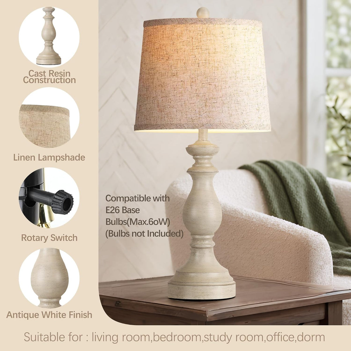 Traditional Table Lamp Set of 2, Rustic Farmhouse Table Lamps for Living Room Bedroom, 22" Bedside Desk Lamps Vintage Nightstand Lamps with Linen Shades, Wood Grain