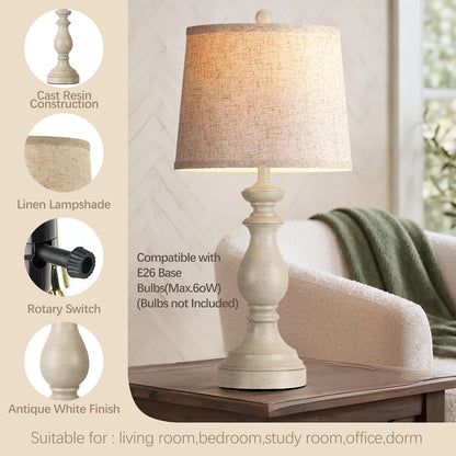 Traditional Table Lamp Set of 2, Rustic Farmhouse Table Lamps for Living Room Bedroom, 22" Bedside Desk Lamps Vintage Nightstand Lamps with Linen Shades, Wood Grain