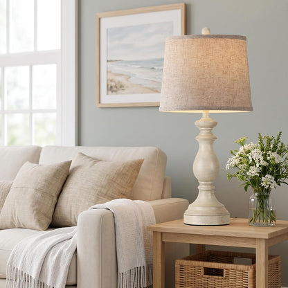 Traditional Table Lamp Set of 2, Rustic Farmhouse Table Lamps for Living Room Bedroom, 22" Bedside Desk Lamps Vintage Nightstand Lamps with Linen Shades, Wood Grain