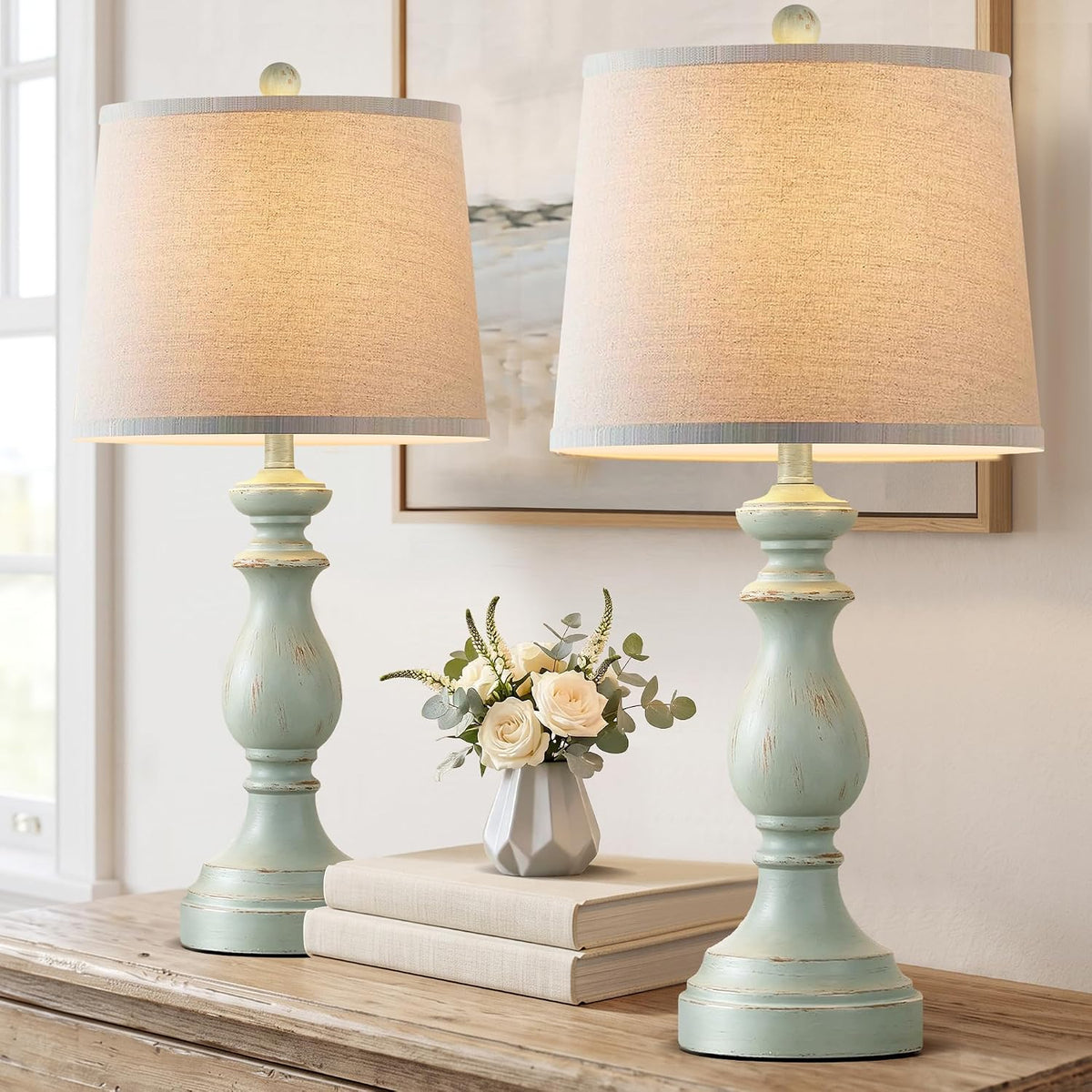 Traditional Table Lamp Set of 2, Rustic Farmhouse Table Lamps for Living Room Bedroom, 22" Bedside Desk Lamps Vintage Nightstand Lamps with Linen Shades, Wood Grain