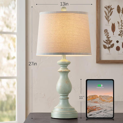 Traditional Table Lamp Set of 2, Rustic Farmhouse Table Lamps for Living Room Bedroom, 22" Bedside Desk Lamps Vintage Nightstand Lamps with Linen Shades, Wood Grain