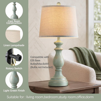 Traditional Table Lamp Set of 2, Rustic Farmhouse Table Lamps for Living Room Bedroom, 22" Bedside Desk Lamps Vintage Nightstand Lamps with Linen Shades, Wood Grain