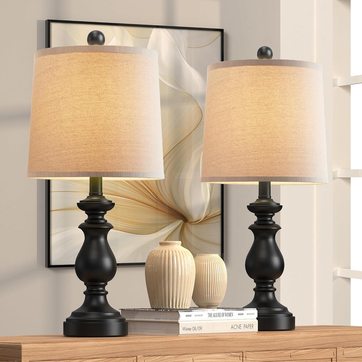 Traditional Table Lamp Set of 2, Rustic Farmhouse Table Lamps for Living Room Bedroom, 22" Bedside Desk Lamps Vintage Nightstand Lamps with Linen Shades, Wood Grain