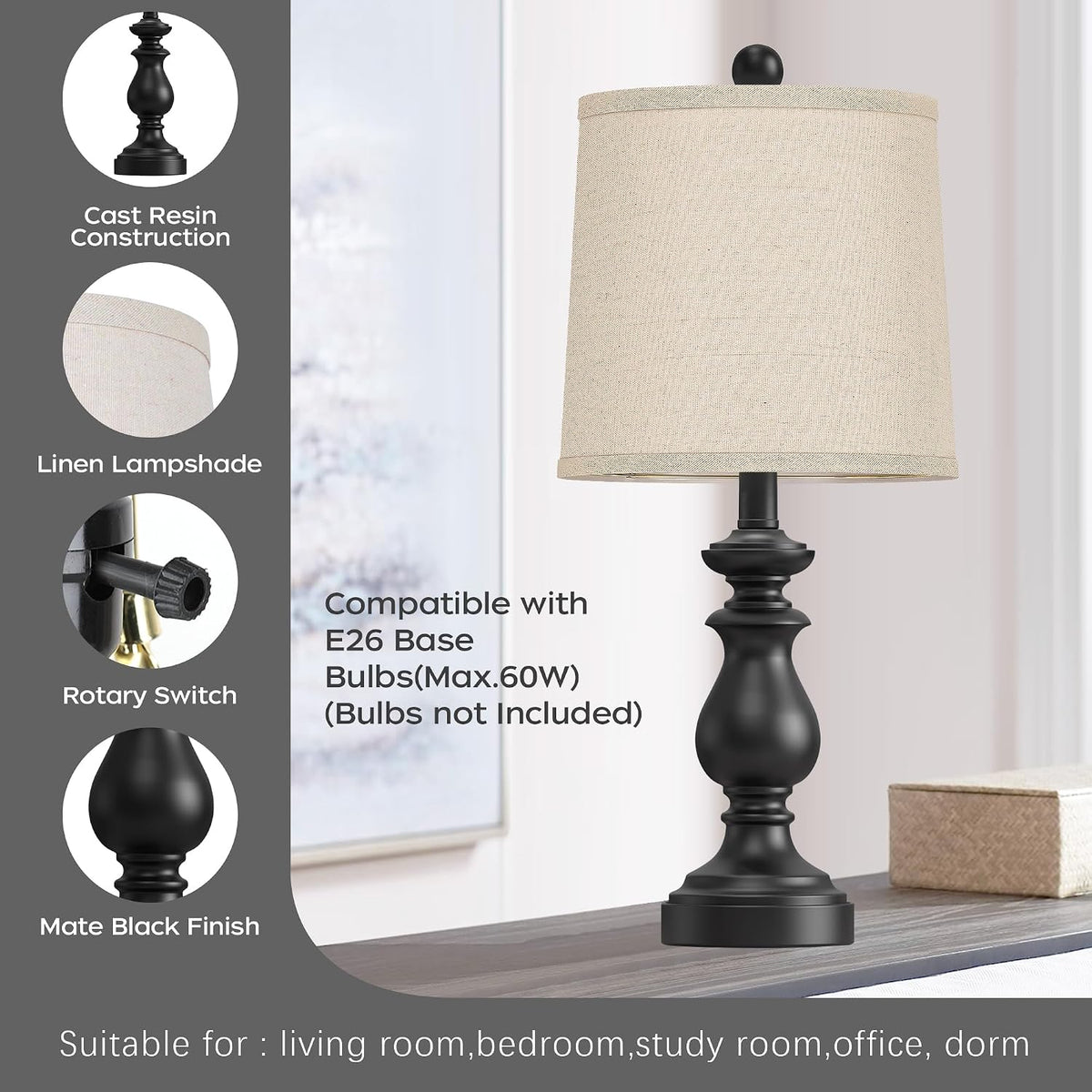 Traditional Table Lamp Set of 2, Rustic Farmhouse Table Lamps for Living Room Bedroom, 22" Bedside Desk Lamps Vintage Nightstand Lamps with Linen Shades, Wood Grain