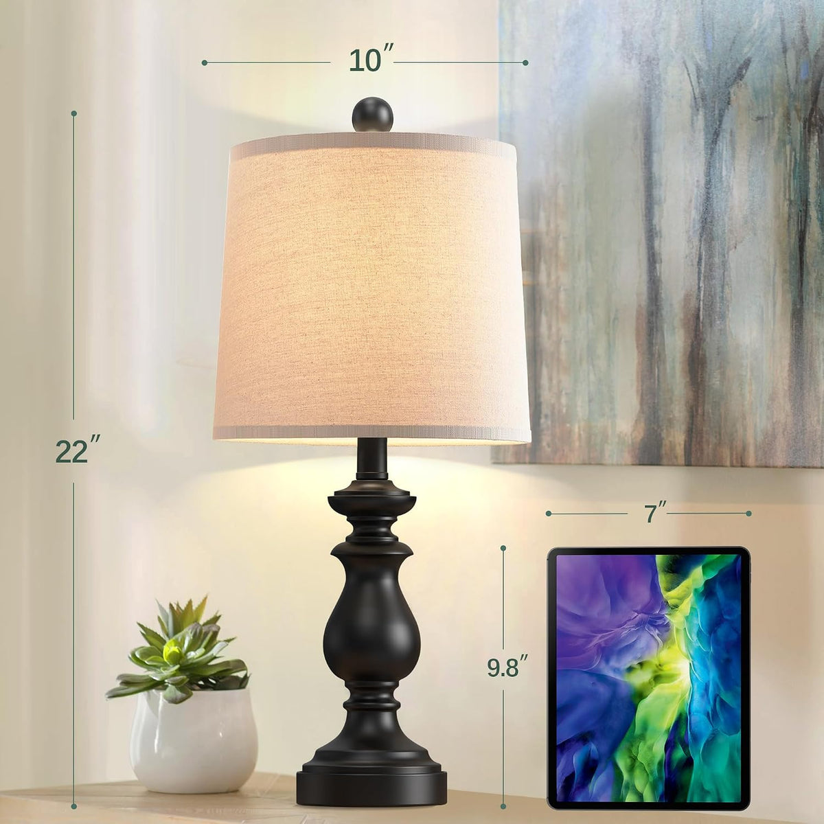 Traditional Table Lamp Set of 2, Rustic Farmhouse Table Lamps for Living Room Bedroom, 22" Bedside Desk Lamps Vintage Nightstand Lamps with Linen Shades, Wood Grain