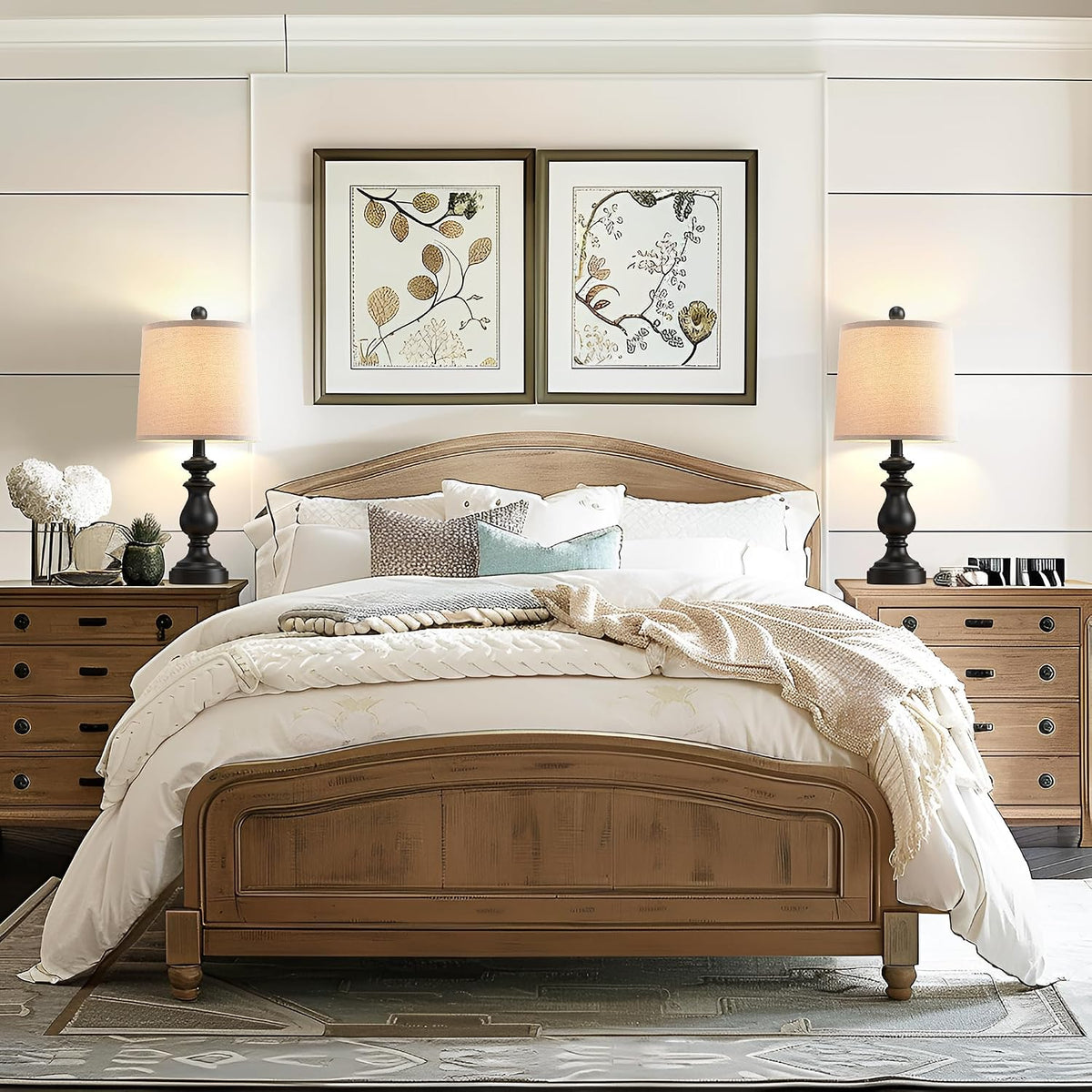 Traditional Table Lamp Set of 2, Rustic Farmhouse Table Lamps for Living Room Bedroom, 22" Bedside Desk Lamps Vintage Nightstand Lamps with Linen Shades, Wood Grain