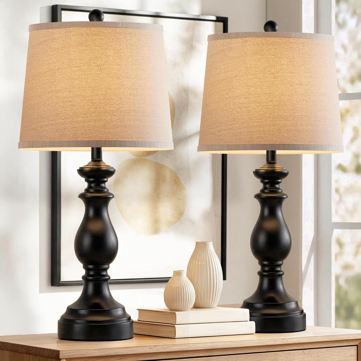 Traditional Table Lamp Set of 2, Rustic Farmhouse Table Lamps for Living Room Bedroom, 22" Bedside Desk Lamps Vintage Nightstand Lamps with Linen Shades, Wood Grain