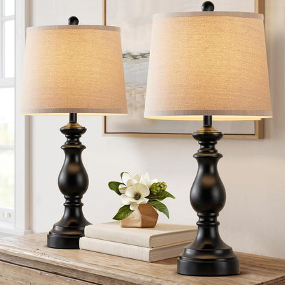 Traditional Table Lamp Set of 2, Rustic Farmhouse Table Lamps for Living Room Bedroom, 22" Bedside Desk Lamps Vintage Nightstand Lamps with Linen Shades, Wood Grain
