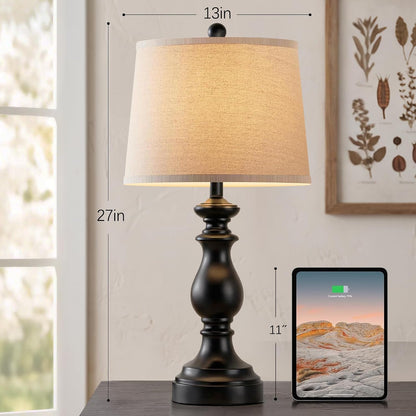 Traditional Table Lamp Set of 2, Rustic Farmhouse Table Lamps for Living Room Bedroom, 22" Bedside Desk Lamps Vintage Nightstand Lamps with Linen Shades, Wood Grain