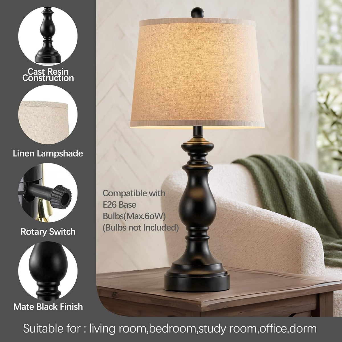 Traditional Table Lamp Set of 2, Rustic Farmhouse Table Lamps for Living Room Bedroom, 22" Bedside Desk Lamps Vintage Nightstand Lamps with Linen Shades, Wood Grain