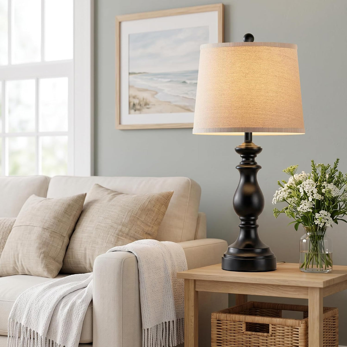 Traditional Table Lamp Set of 2, Rustic Farmhouse Table Lamps for Living Room Bedroom, 22" Bedside Desk Lamps Vintage Nightstand Lamps with Linen Shades, Wood Grain
