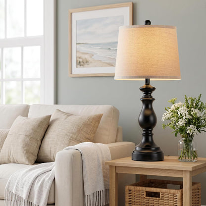 Traditional Table Lamp Set of 2, Rustic Farmhouse Table Lamps for Living Room Bedroom, 22" Bedside Desk Lamps Vintage Nightstand Lamps with Linen Shades, Wood Grain