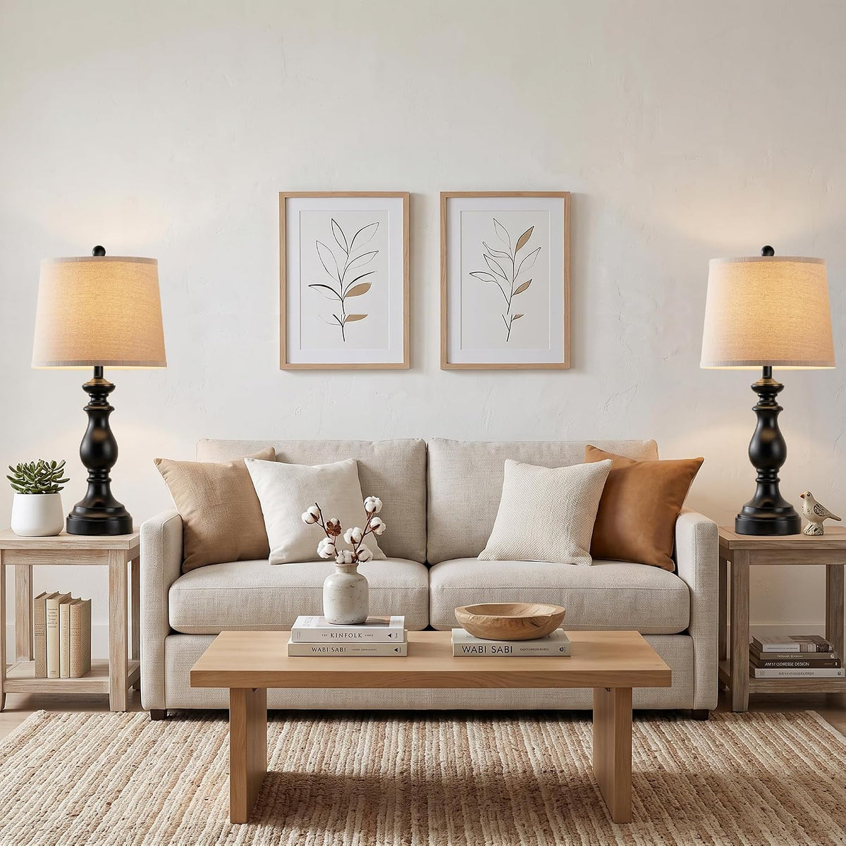 Traditional Table Lamp Set of 2, Rustic Farmhouse Table Lamps for Living Room Bedroom, 22" Bedside Desk Lamps Vintage Nightstand Lamps with Linen Shades, Wood Grain