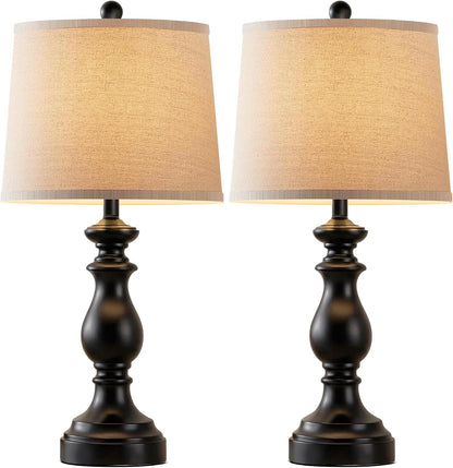 Traditional Table Lamp Set of 2, Rustic Farmhouse Table Lamps for Living Room Bedroom, 22" Bedside Desk Lamps Vintage Nightstand Lamps with Linen Shades, Wood Grain