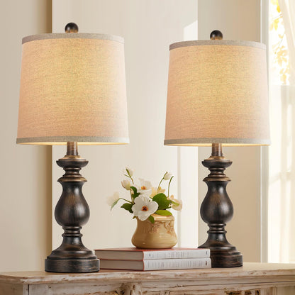 Traditional Table Lamp Set of 2, Rustic Farmhouse Table Lamps for Living Room Bedroom, 22" Bedside Desk Lamps Vintage Nightstand Lamps with Linen Shades, Wood Grain