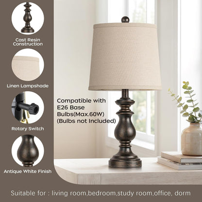 Traditional Table Lamp Set of 2, Rustic Farmhouse Table Lamps for Living Room Bedroom, 22" Bedside Desk Lamps Vintage Nightstand Lamps with Linen Shades, Wood Grain