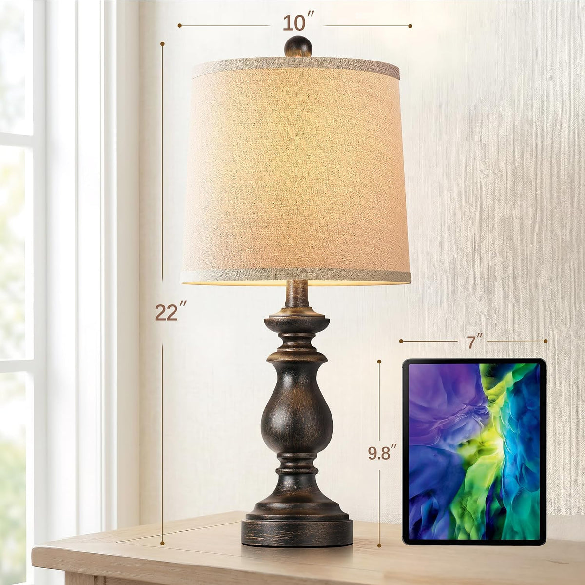 Traditional Table Lamp Set of 2, Rustic Farmhouse Table Lamps for Living Room Bedroom, 22" Bedside Desk Lamps Vintage Nightstand Lamps with Linen Shades, Wood Grain