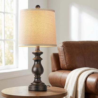Traditional Table Lamp Set of 2, Rustic Farmhouse Table Lamps for Living Room Bedroom, 22" Bedside Desk Lamps Vintage Nightstand Lamps with Linen Shades, Wood Grain