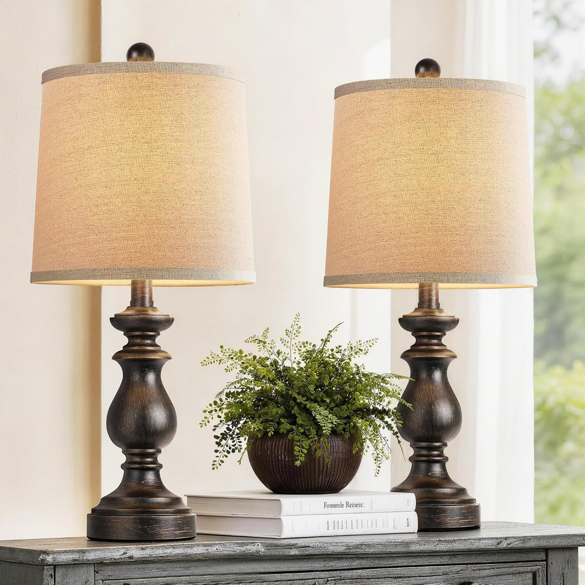 Traditional Table Lamp Set of 2, Rustic Farmhouse Table Lamps for Living Room Bedroom, 22" Bedside Desk Lamps Vintage Nightstand Lamps with Linen Shades, Wood Grain