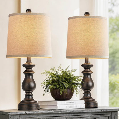Traditional Table Lamp Set of 2, Rustic Farmhouse Table Lamps for Living Room Bedroom, 22" Bedside Desk Lamps Vintage Nightstand Lamps with Linen Shades, Wood Grain