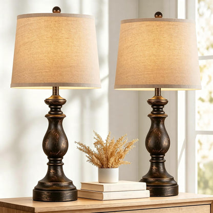 Traditional Table Lamp Set of 2, Rustic Farmhouse Table Lamps for Living Room Bedroom, 22" Bedside Desk Lamps Vintage Nightstand Lamps with Linen Shades, Wood Grain