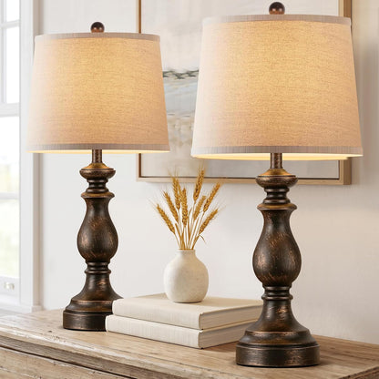 Traditional Table Lamp Set of 2, Rustic Farmhouse Table Lamps for Living Room Bedroom, 22" Bedside Desk Lamps Vintage Nightstand Lamps with Linen Shades, Wood Grain