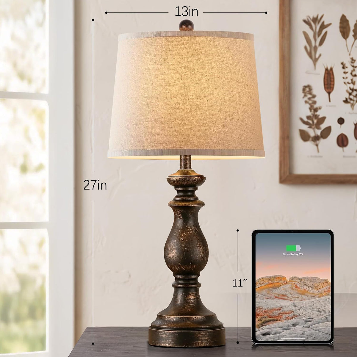 Traditional Table Lamp Set of 2, Rustic Farmhouse Table Lamps for Living Room Bedroom, 22" Bedside Desk Lamps Vintage Nightstand Lamps with Linen Shades, Wood Grain