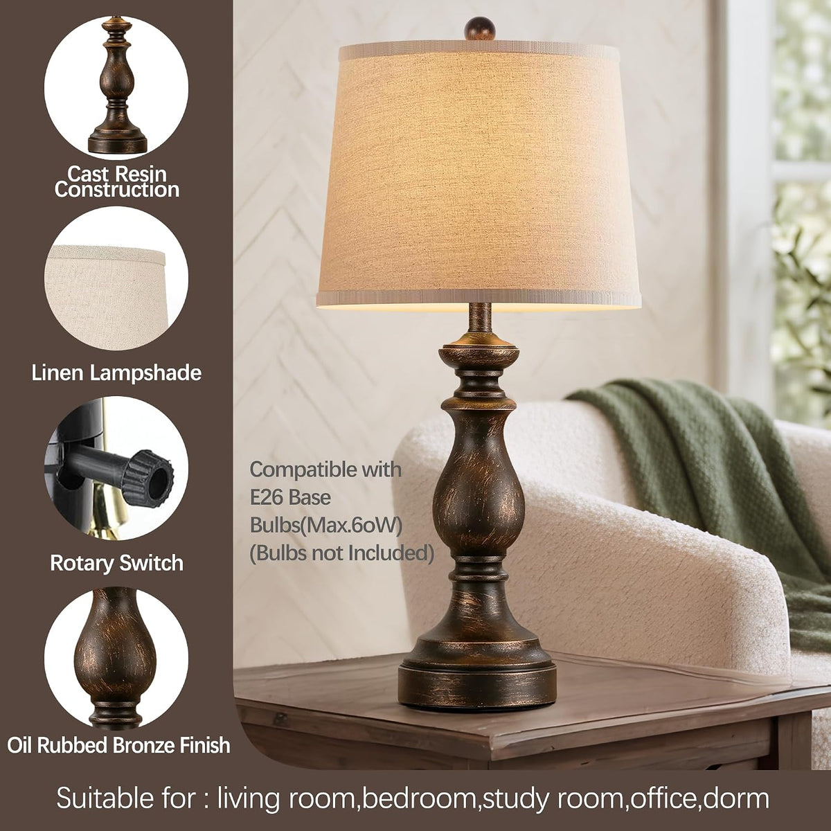 Traditional Table Lamp Set of 2, Rustic Farmhouse Table Lamps for Living Room Bedroom, 22" Bedside Desk Lamps Vintage Nightstand Lamps with Linen Shades, Wood Grain
