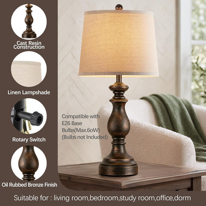 Traditional Table Lamp Set of 2, Rustic Farmhouse Table Lamps for Living Room Bedroom, 22" Bedside Desk Lamps Vintage Nightstand Lamps with Linen Shades, Wood Grain