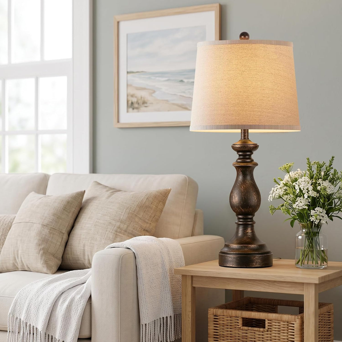 Traditional Table Lamp Set of 2, Rustic Farmhouse Table Lamps for Living Room Bedroom, 22" Bedside Desk Lamps Vintage Nightstand Lamps with Linen Shades, Wood Grain